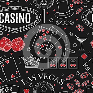 Casino theme. Seamless pattern with decorative elements on chalkboard. Gambling symbols.