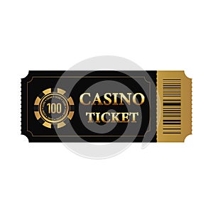 Casino ticket design template.Horisontal ticket with gold casino chip. Invite ticket for casino club.Vector illustration