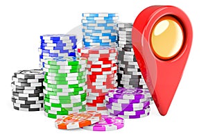 Casino tokens with map pointer. 3D rendering