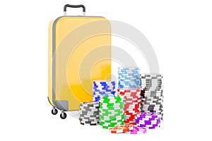 Casino tokens with suitcase, 3D rendering