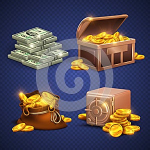 Casino vector 3d signs and money icons. Dollars, gold coins in safe deposit and moneybag photo