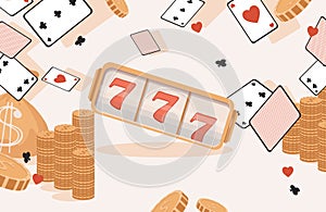 Casino 777 vector flat banner template. Slot machine, golden coins, and playing cards.