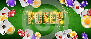 Casino vector green table background, VIP poker gambling game poster, flying chips, playing cards.