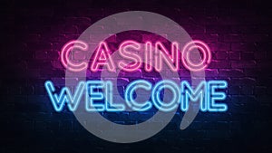 Casino welcome neon sign. purple and blue glow. neon text. Brick wall lit by neon lamps. Night lighting on the wall. 3d