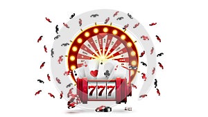 Casino Wheel Fortune, Red slot machine, poker chips and playing cards isolated on white background