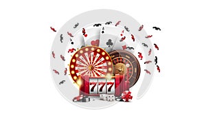 Casino Wheel Fortune, Red slot machine, Roulette wheel, poker chips and playing cards isolated on white background