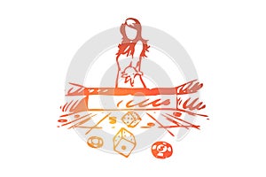 Casino, woman, game, dice, gamble concept. Hand drawn isolated vector.