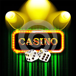 Casino word on banner with green curtains