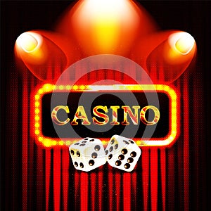 Casino word on banner with red curtains