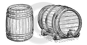 Cask or wooden barrel for storing alcohol. Hand drawn sketch illustration in vintage engraving style