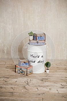 Casket for needlework, sewing in style interior. Using for atelier and handmade store