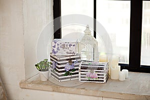 Casket for needlework, sewing in style interior. Using for atelier and handmade store