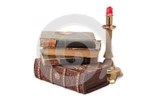 Casket ,old books and brass candlestick