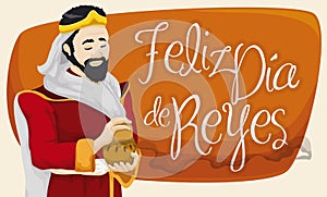 Caspar Magi with Frankincense Celebrating Epiphany or Dia de Reyes, Vector Illustration