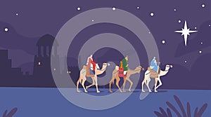 Caspar, Melchior, and Balthazar Magi Riding Camels Follow The Star To Reach Newborn Baby Jesus Biblical Scene
