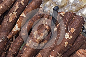 Cassava on display in typical stall of Brazilian street market