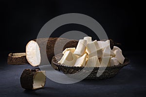 Cassava or manihot, also known as manioc or yuca or brazillian arrowroot on dark background