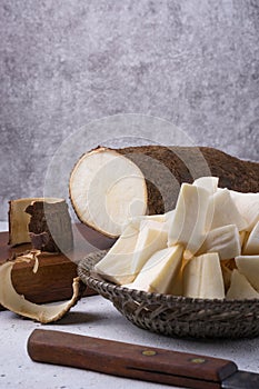 Cassava or manihot, also known as manioc, yuca or brazillian arrowroot, ready for cooking