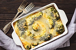 Casserole with broccoli, potatoes, eggs and cheese.