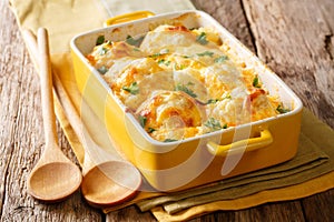 casserole from cauliflower with bechamel sauce close-up in a baking dish. horizontal