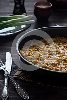 Casserole with cheese, cauliflower and chicken