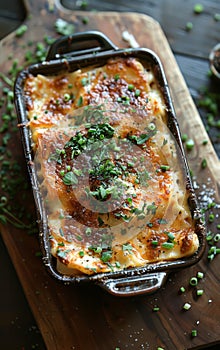 Casserole dish of baked lasagna with cheese and herbs