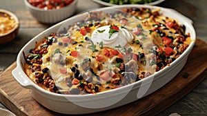 A casserole dish filled with food, topped with a dollop of sour cream