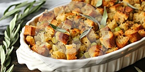 Casserole Dish Filled With Stuffing and Vegetables