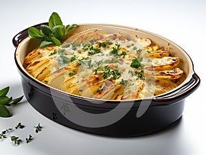 A casserole dish with potatoes and cheese