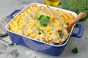 Casserole with pasta, chicken and broccoli