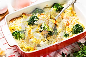 Casserole from pasta and vegetables in baking dish.