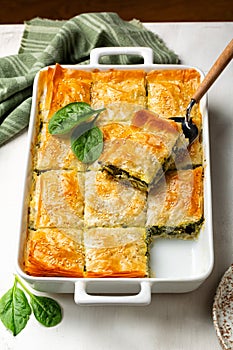 Casserole with Spanakopita, homemade Greek savory spinach pie