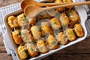 Casserole of Tater Tots with cheese and herbs close up in a baking dish. Horizontal top view