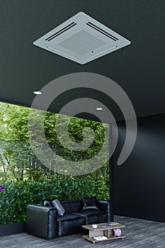 Cassette air conditioner on the background of the window black ceiling. 3d