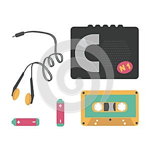 The cassette player with tape, headphones and batteries