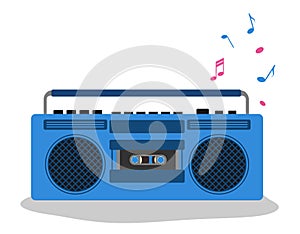 Cassette recorder. Vector illustration of a retro tape recorder with notes. Flat style front side