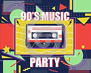 Cassette retro poster. 90s music. Abstract pop art banner. Colorful background with geometric shapes and stars or lightning. Audio