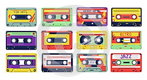 Cassette. Retro song tapes. Colorful multimedia device. 80s or 90s old analog records. Pop, rock and jazz music. Hipster