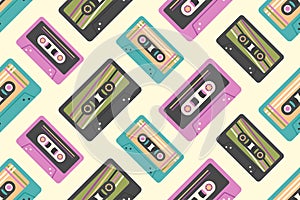 Cassette seamless pattern. Retro audio cassettes in 90s, 80s, 70s style. Vintage colorful old cassettes to tape recorder. Music