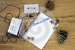 Cassette tape audio player and blank paper vintage still life