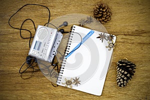 Cassette tape audio player and blank paper vintage still life