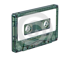 Cassette tape isolated on white background. Blank white sticker as copy space. Popular audio technology from 70s, 80s and 90s.