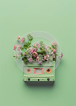 Cassette tape planter with spring flowers growing.