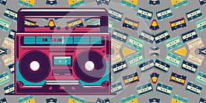 Cassette tape retro stereo player boombox seamless symmetrical