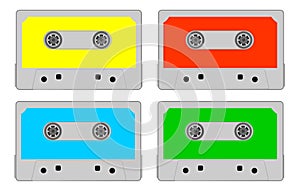 Cassette tape, vector. Colored audio cassette set. Colorful, yellow, red, blue, green. Magnetic music tape cassette collection.