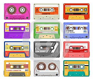 Cassettes. Different color music tape retro audio cassette. Old school 90s record technology vintage media device