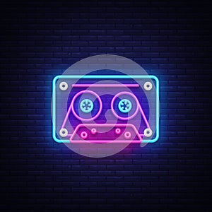 Cassetts for tape recorder neon sign vector. Retro Music Design template neon sign, Retro Style 80-90s, celebration