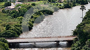 Cassilandia, Mato Grosso do Sul, Brazil - 04 16 2024: Aerial image of a bridge over the Apore River