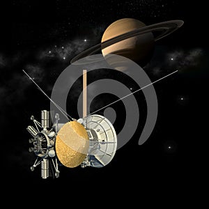 Cassini mission orbiter satellite passing Saturn