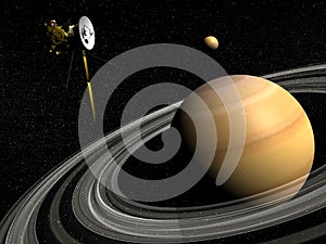 Cassini spacecraft near Saturn and titan satellite - 3D render